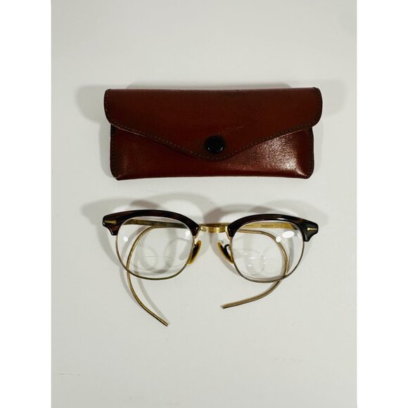 Shuron Vintage Mens Hornrim Glasses Gold Metal Frame Tortoise Trim Leather Case - Picture 3 of 16